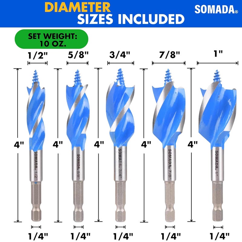 SOMADA Auger Drill Bit Set for Wood, 5-Piece, 1/2", 5/8", 3/4", 7/8" and 1" Inch Size, 4-Inch Long with Storage Case, Impact Wood Auger Set with Quick Change - Image 4